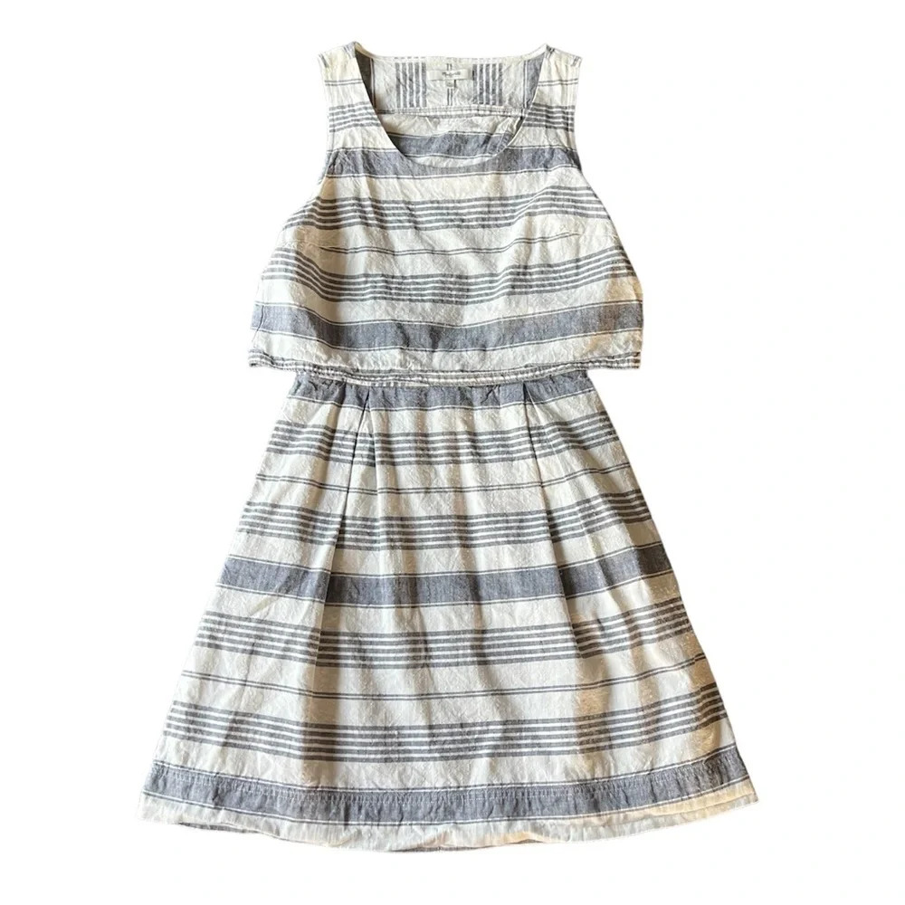 Madewell Linen blend Gray White Striped Open Back Overlay Dress with Pockets 0